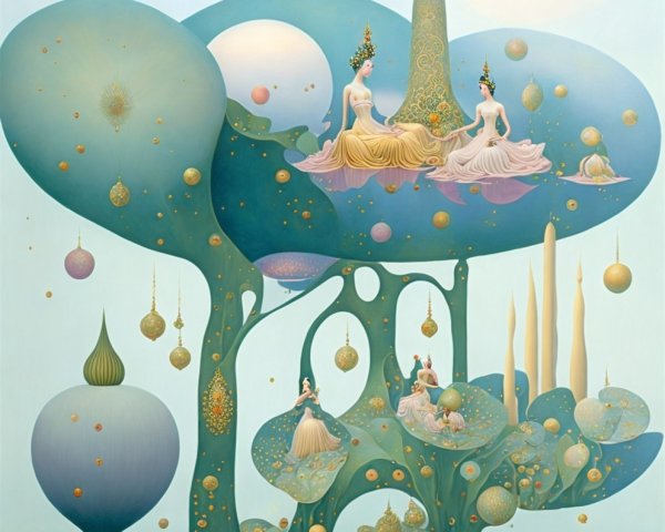 Whimsical Dreamlike Landscape with Ethereal Figures