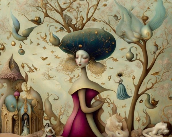 Surreal Figure in Whimsical Dreamlike Landscape
