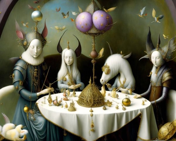 Ethereal Figures at Ornate Table with Fantastical Elements