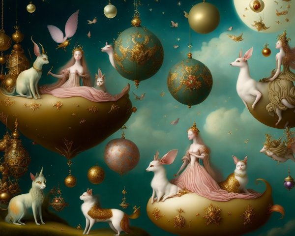 Whimsical Scene with Ethereal Figures and Animals
