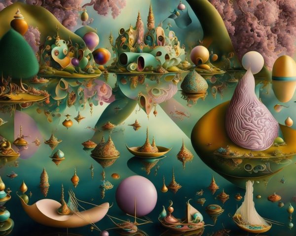 Surreal Landscape with Floating Structures and Pastel Hues