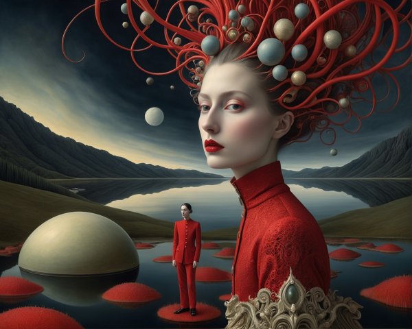 Surreal Landscape with Woman and Small Figure by Lake