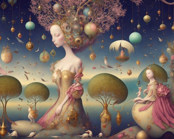 Fantasy art painting of two elegant anime-style women