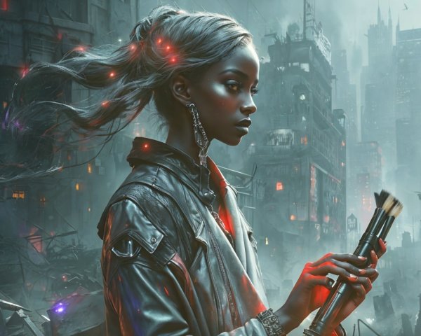 Dystopian Urban Scene with Confident Individual and Makeup Brush