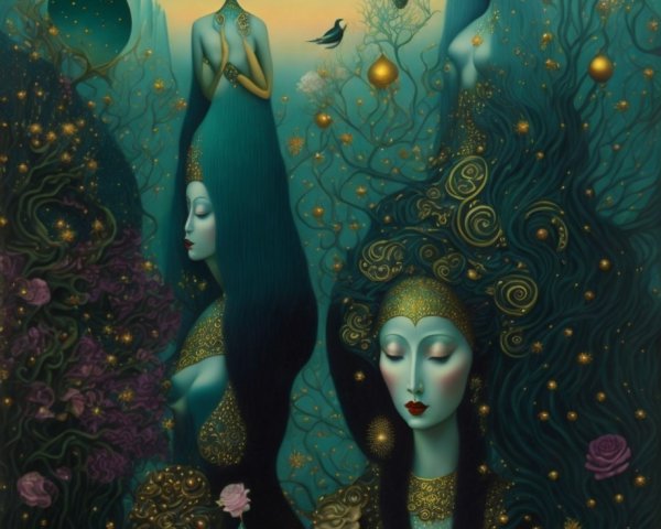 Ethereal Female Figures in Dreamlike Landscape Art