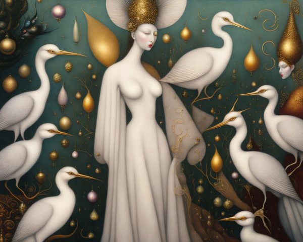 Ethereal Scene with Figure in White Gown and Herons