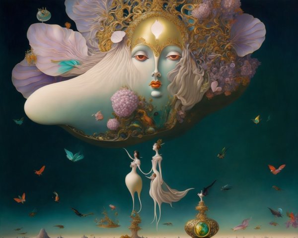 Surreal Landscape with Ethereal Face and Elegant Figures