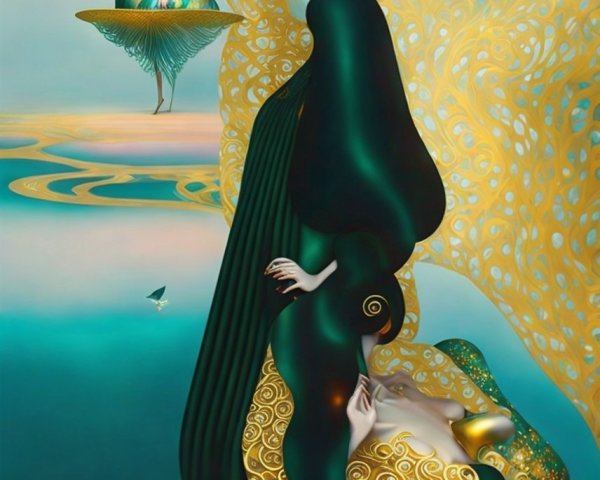 Stylized Figures in Elegant Attire Against Surreal Background