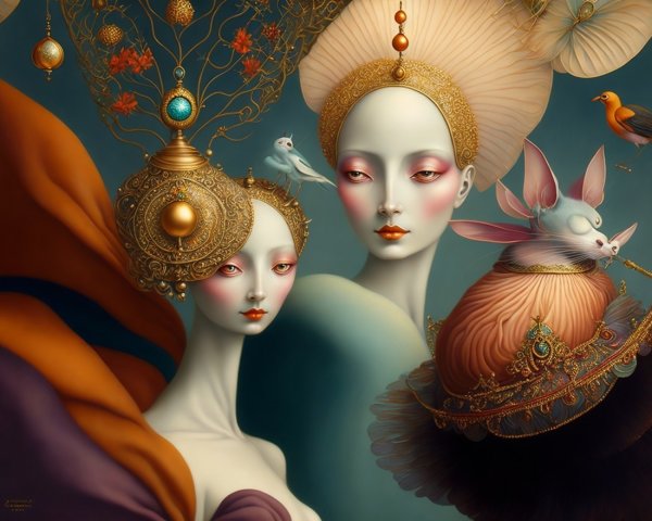 Ethereal Figures with Ornate Headpieces and Wildlife