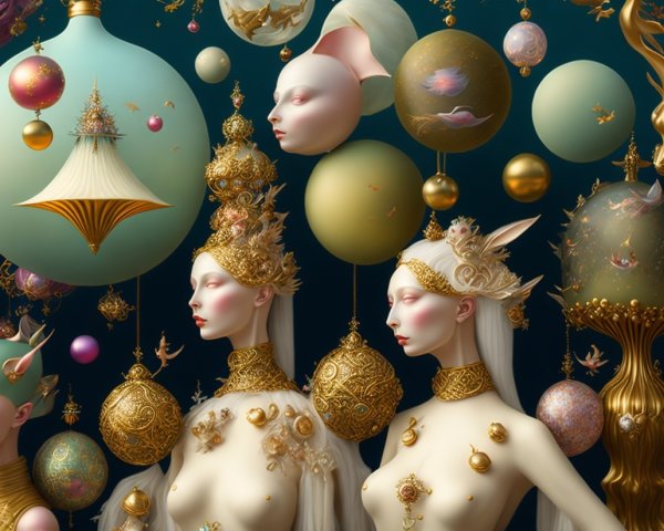 Surreal Scene with Ethereal Figures and Gold Accessories