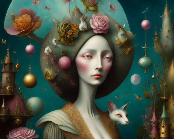 Surreal Figure with Floral Headpiece and Whimsical Elements