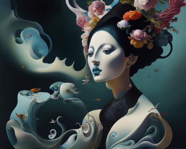 Surreal Portrait of Woman with Flowers and Aquatic Elements