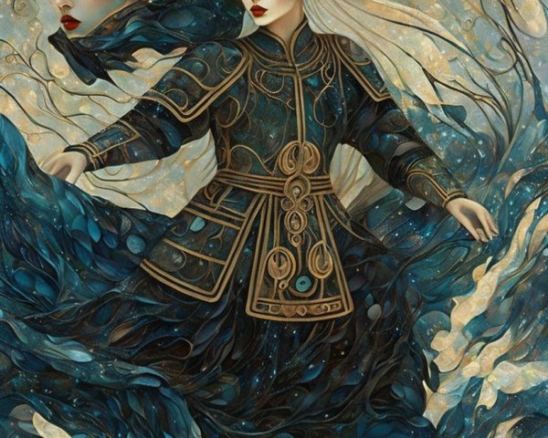 Mystical Figure in Blue and Gold with Celestial Elements