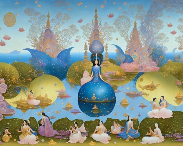 Mystical Landscape with Ethereal Beings and Flora