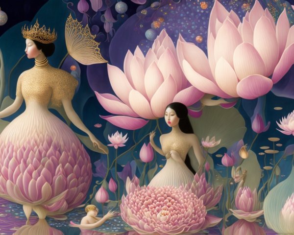 Ethereal Figures in Floral Garments Amid Lotus Flowers