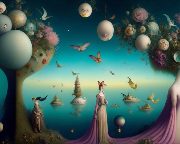 Surreal Landscapes with Whimsical Trees and Figures