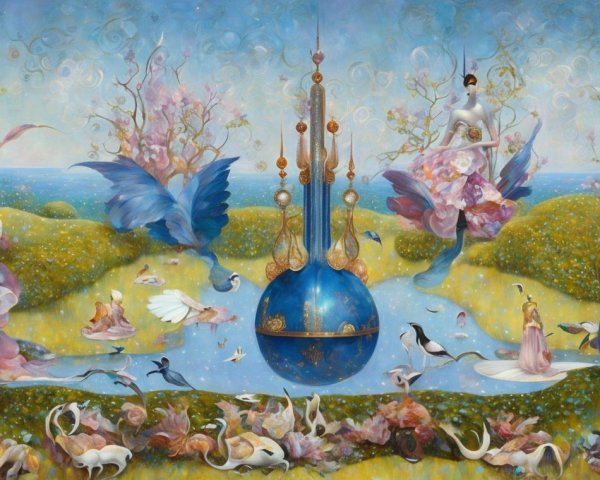 Surreal Vibrant Landscape with Ethereal Figures and Creatures