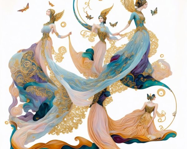 Ethereal Figures in Flowing Dresses with Butterflies