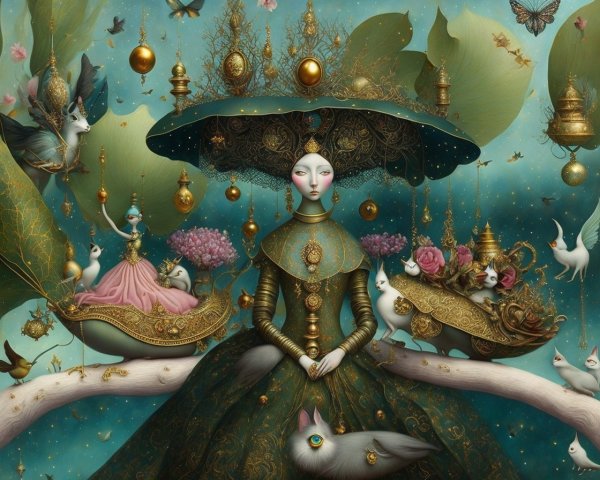 Whimsical Scene with Serene Figure and Vibrant Nature