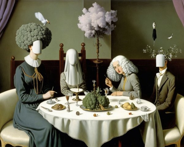 Surreal Dining Scene with Distinctive Figures and Elements