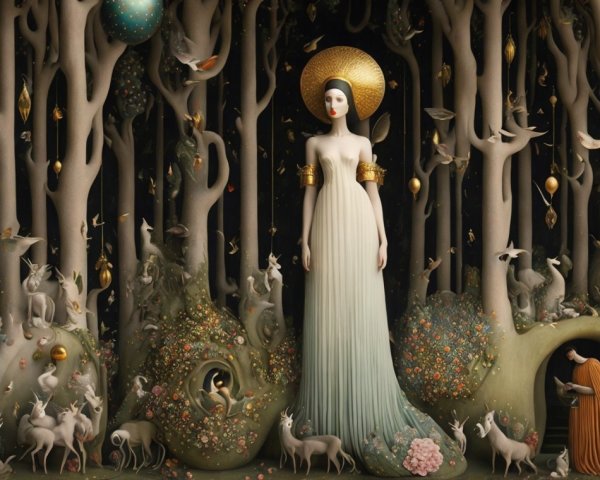 Mystical forest scene with ethereal figure and animals
