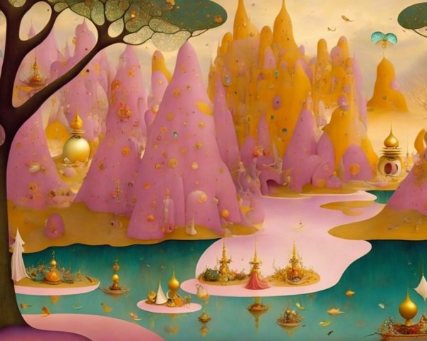 Whimsical Landscape with Pink Mountains and Serenity