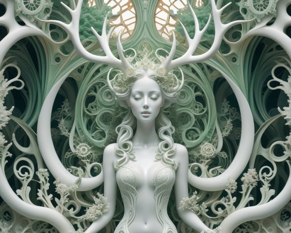 Ethereal figure with natural elements and serene expression