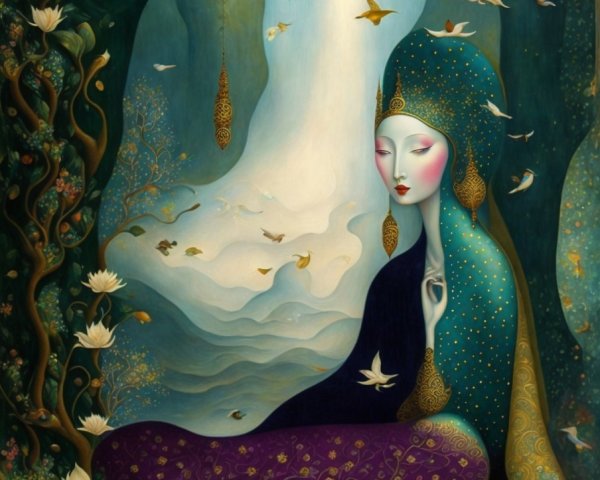 Serene Figure in Purple Robe Surrounded by Nature