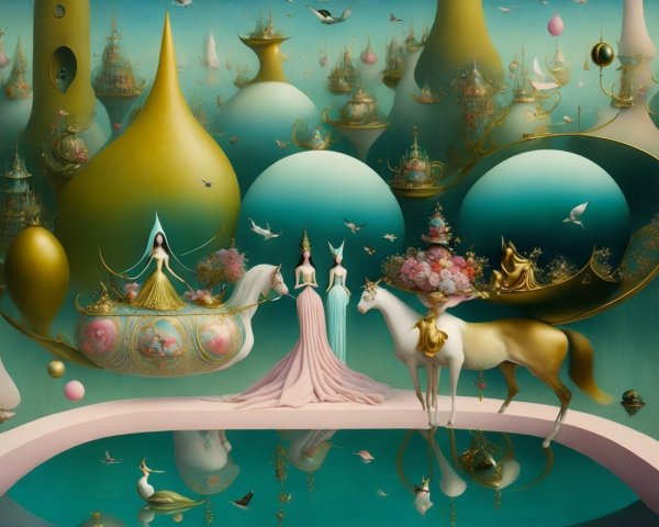 Surreal Landscape with Elegant Figures and Horses