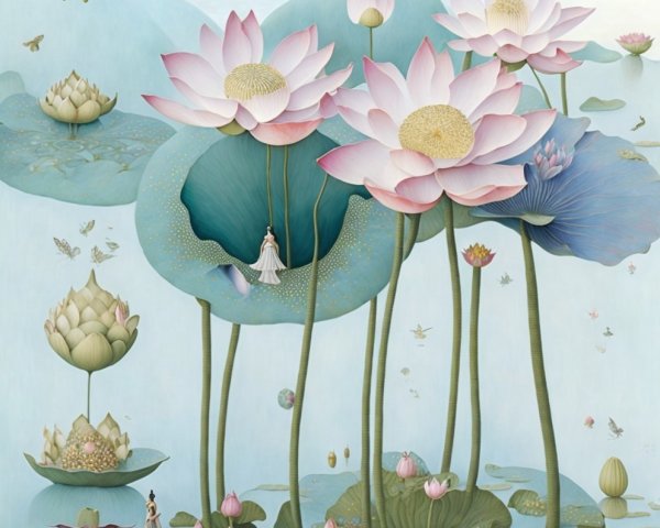 Serene Dreamlike Landscape with Lotus Flowers and Figures