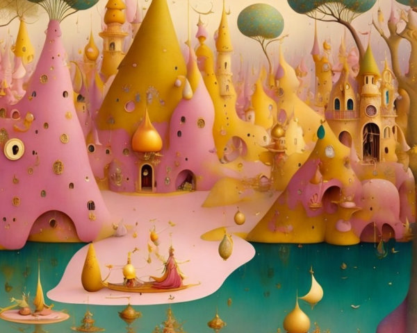 Whimsical Landscape with Pink Mountains and Dreamlike Elements