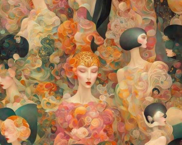 Vibrant Collage of Stylized Female Figures and Patterns