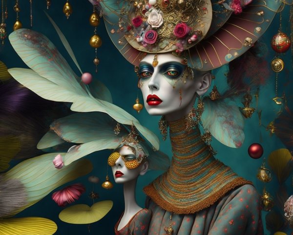 Surreal Scene with Mannequins in Extravagant Attire