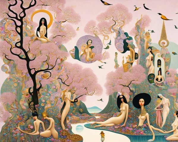 Surreal Landscape with Ethereal Figures and Vibrant Colors