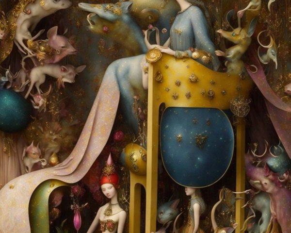 Surrealist Painting Featuring Mystical Creatures and Figure