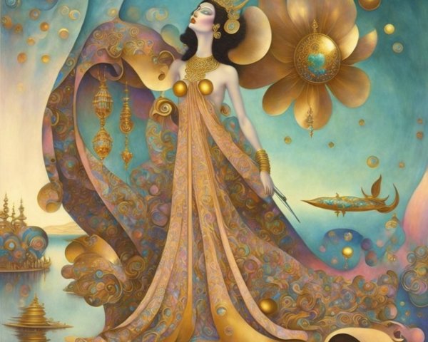 Regal figure in ornate gown with celestial background