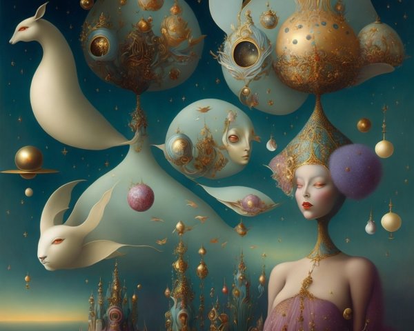 Surreal Landscape with Ethereal Figures and Creatures