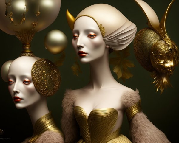 Elegant Female Figures with Porcelain Skin and Gold Accessories