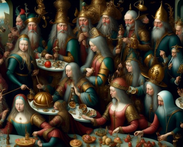Regal Assembly with Lavish Banquet and Opulent Attire
