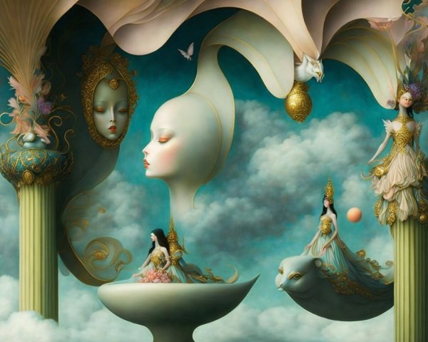 Surreal Scene with Ethereal Figures and Dreamlike Elements