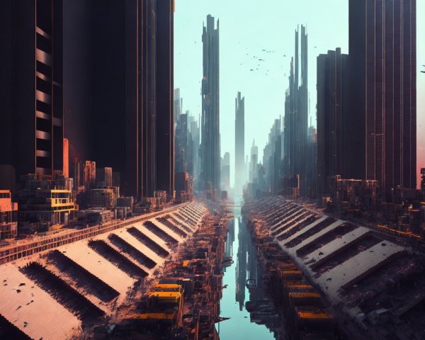 Futuristic Cityscape with Skyscrapers and Waterway