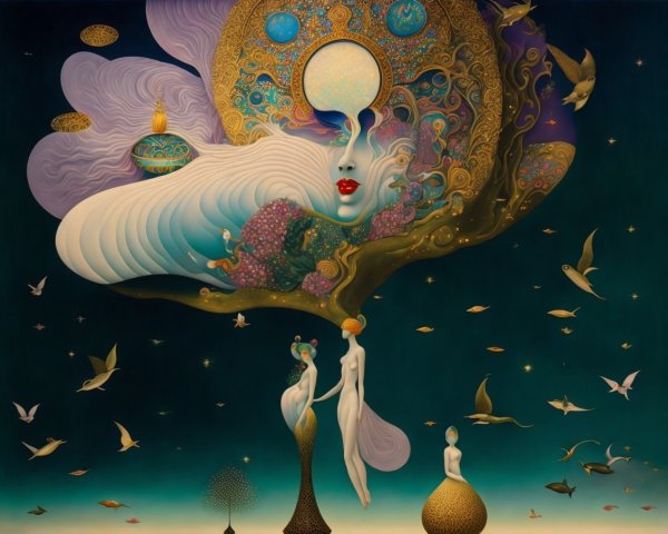 Ethereal Figures and Vibrant Patterns in Artwork