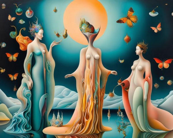 Three Ethereal Figures in Vibrant Colors and Nature