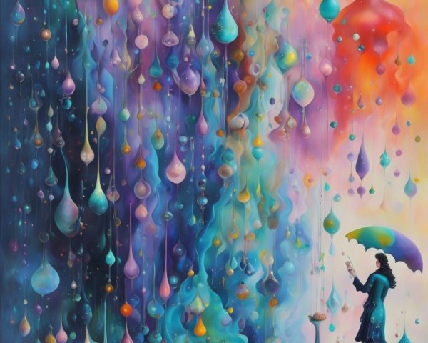 Surreal Landscape with Colorful Droplets and Reflection