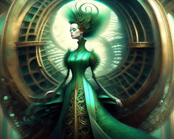 Majestic figure in vibrant gown with surreal background