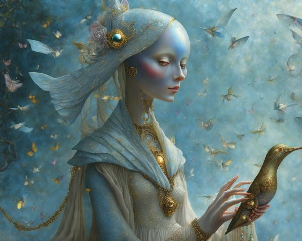Ethereal figure with butterflies in soft blue hues