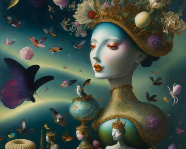 Surreal Painting of a Majestic Figure with Butterflies