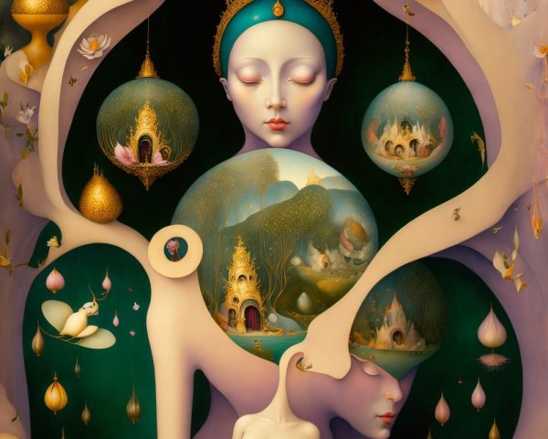 Surreal Artwork with Ethereal Figures and Mystical Orbs