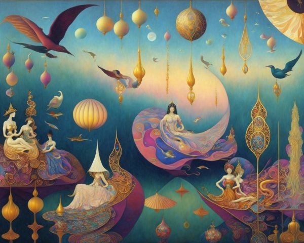 Dreamlike Scene with Vibrant Colors and Ethereal Figures