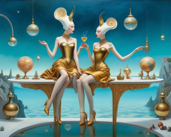 Elegant Figures with Horn-Like Hairstyles at Table